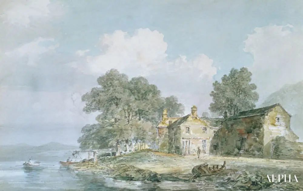 Une ferme au bord d'un lac - William Turner - Reproductions de tableaux et peintures haut de gamme