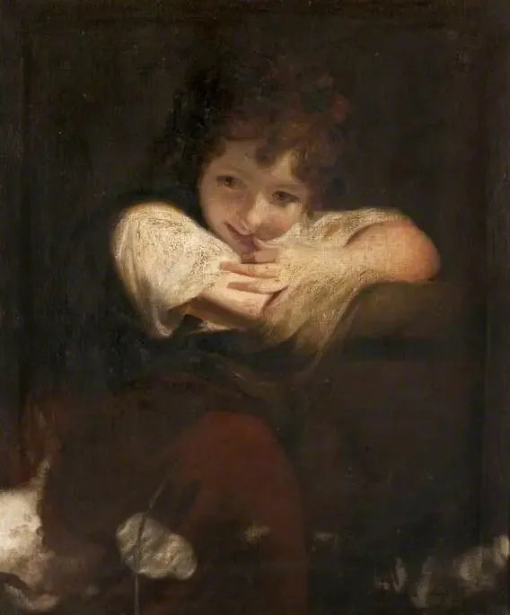 Ein Mädchen, das auf einem Podest lehnt (Das lachende Mädchen) - Joshua Reynolds