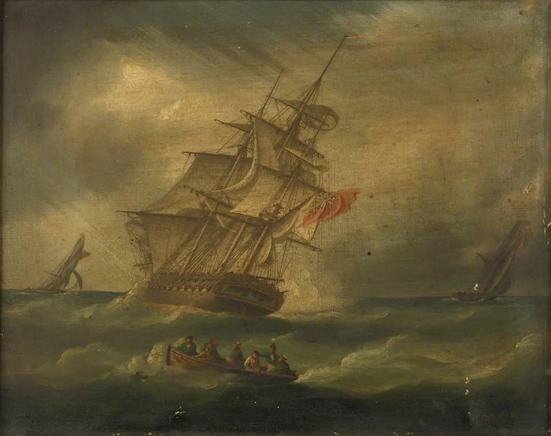 Eine Fregatte und ein Marine-Kutter, die einen französischen Kutter verfolgen, mit einem Boot, das einen Mann im Meer rettet - James E. Buttersworth