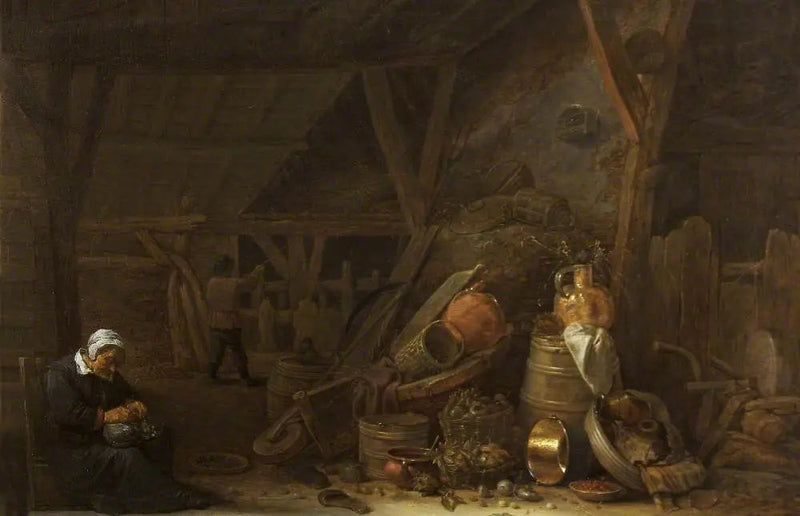 Eine Scheune mit einem Stillleben von Küchenutensilien und einem schlafenden Koch - David Teniers der Jüngere