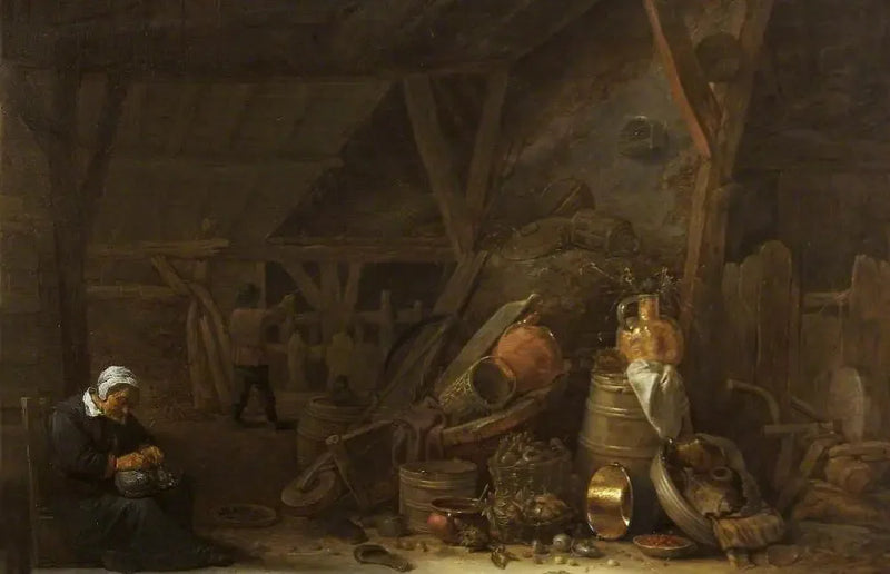 Eine Scheune mit einem Stillleben von Küchenutensilien und einem schlafenden Koch - David Teniers der Jüngere