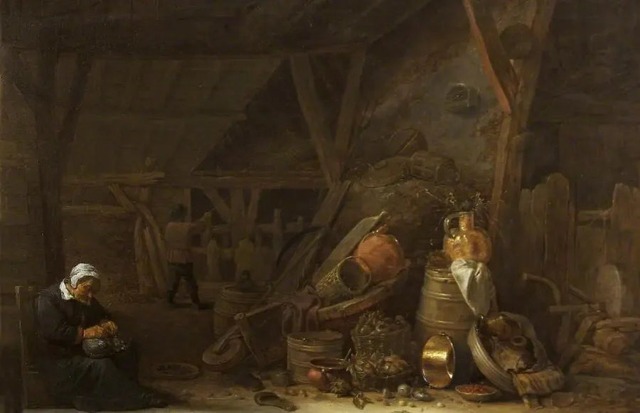 Eine Scheune mit einem Stillleben von Küchenutensilien und einem schlafenden Koch - David Teniers der Jüngere