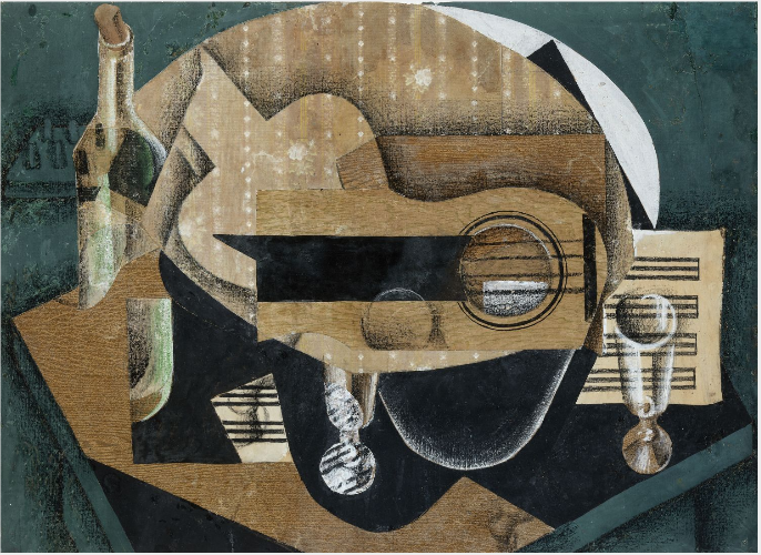 Eine Gitarre, Gläser und eine Flasche - Juan Gris