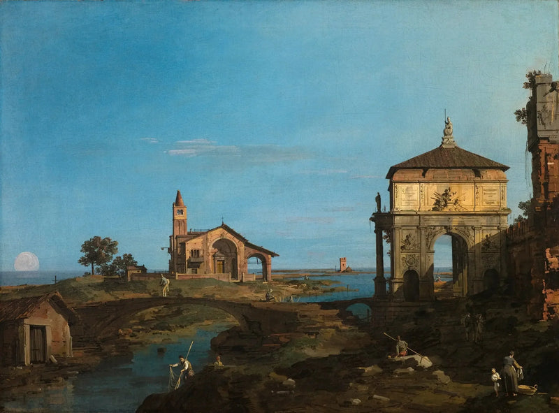 Eine Insel in der Lagune mit einer Bogenbrücke und einer Kirche - Canaletto