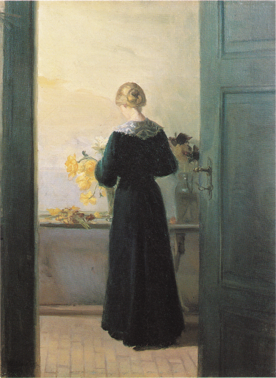 Eine junge Frau arrangiert Blumen – Anna Ancher