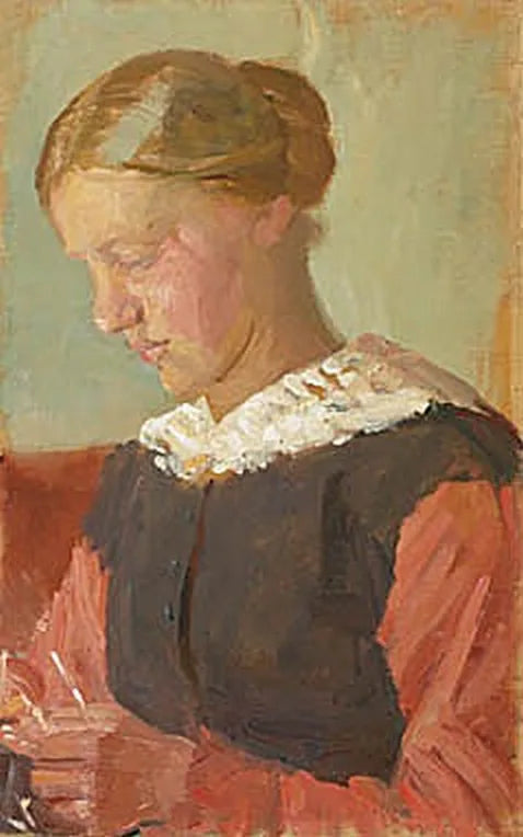 Eine junge Frau sitzt mit hochgesteckten Haaren da. – Anna Ancher