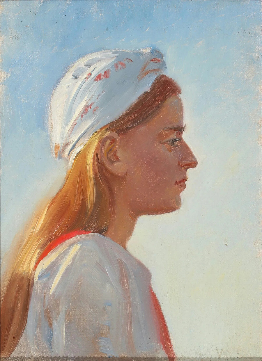 Eine junge Frau mit blonden Haaren im Profil. – Michael Peter Ancher