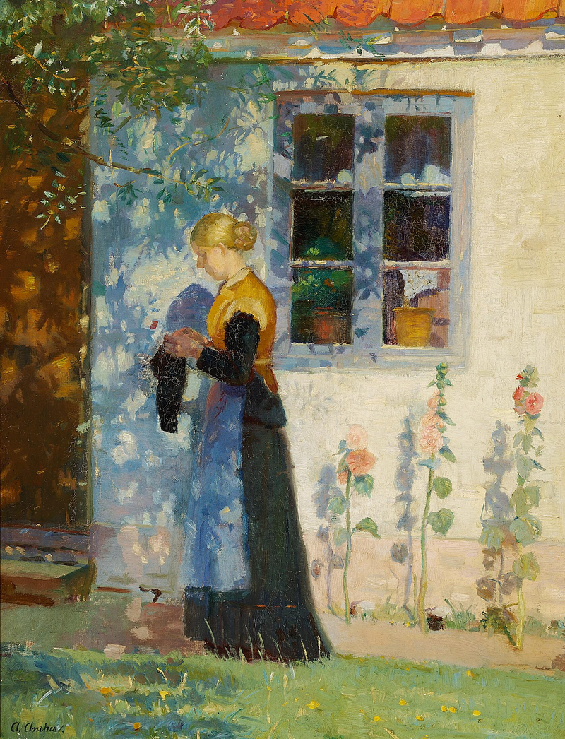 Eine junge Frau steht vor einem Haus in Skagen. – Anna Ancher