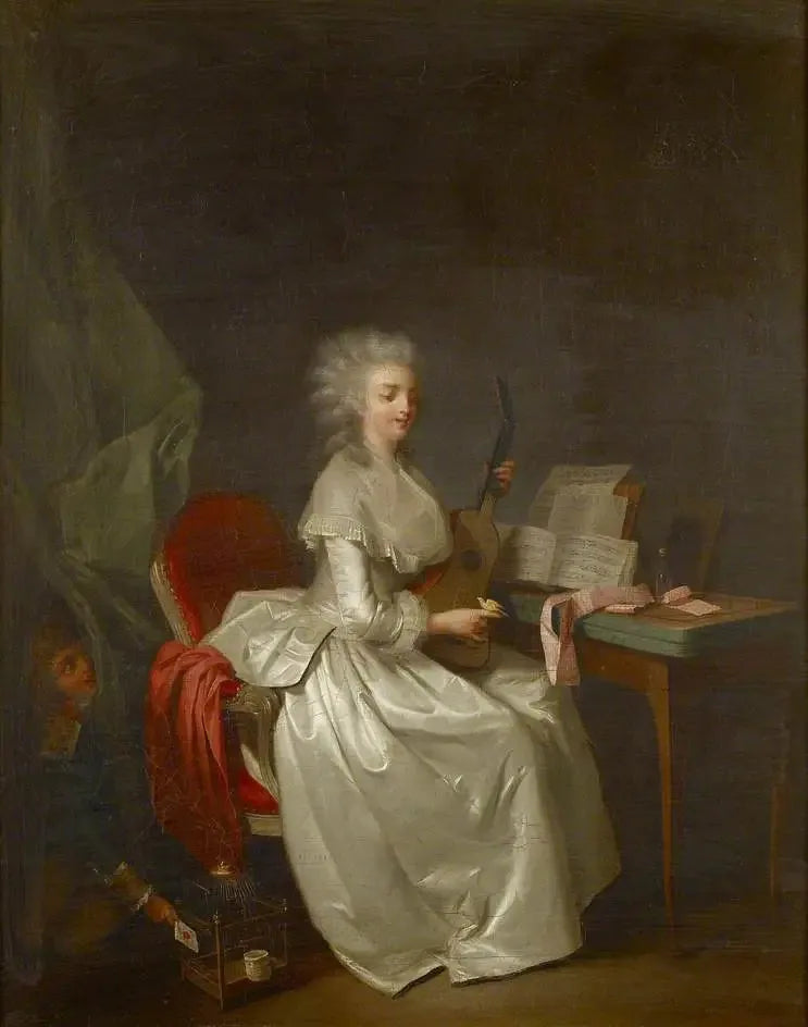 Eine junge Frau, die Gitarre spielt, mit einem singenden Vogel in ihrer Hand - Louis-Léopold Boilly