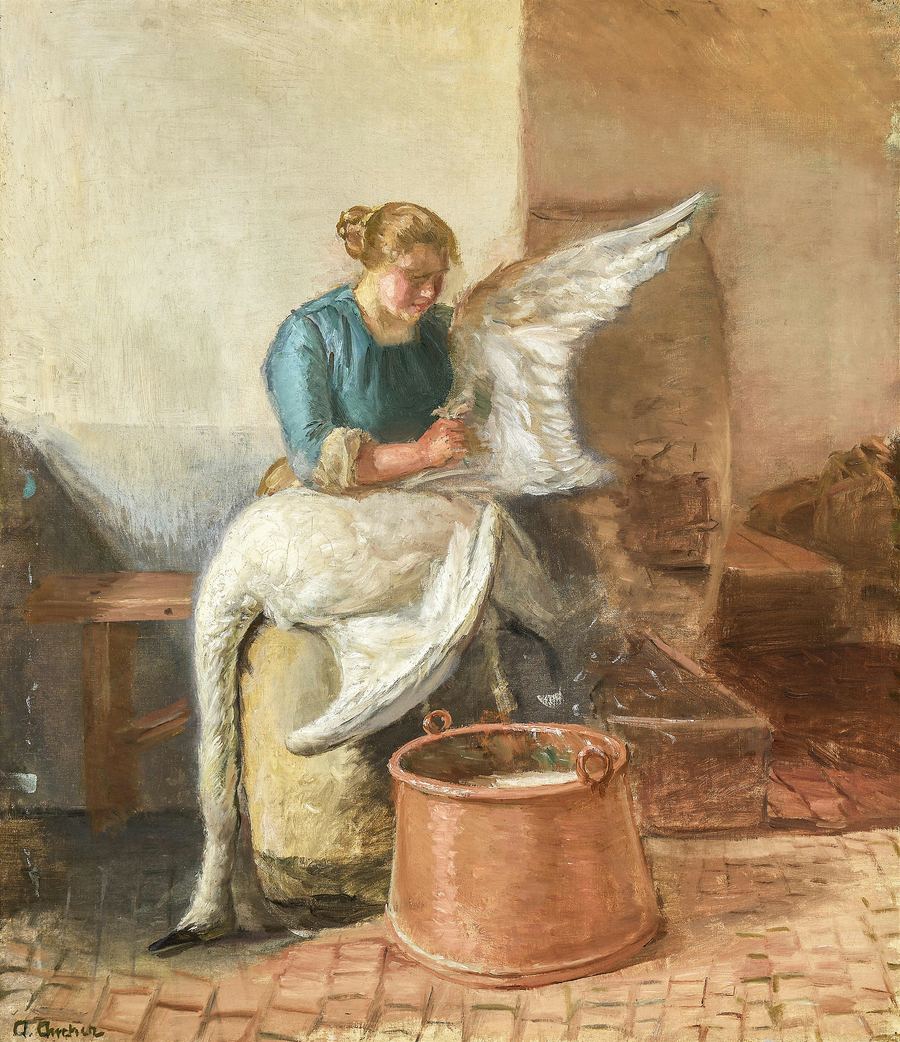 Eine junge Frau rupft einen Schwan. – Anna Ancher