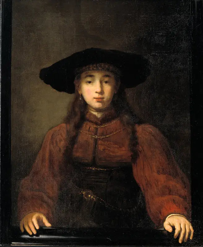 Eine junge Frau, die ihre Hände auf den Bilderrahmen legt - Rembrandt