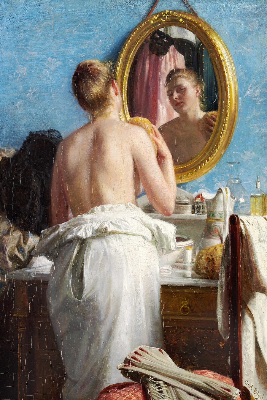 Eine junge Frau wäscht sich vor einem Karneval. - Carl Heinrich Bloch