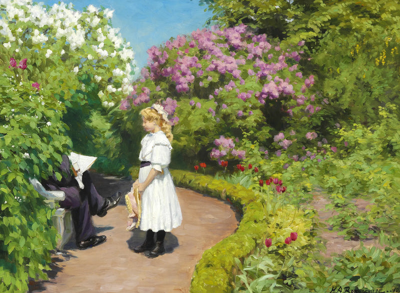 Ein junges Mädchen mit einem Strohhut, gekleidet in ein weißes Sommerkleid - H. A. Brendekilde