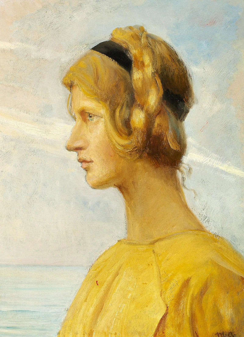 Ein junges Mädchen aus Skagen in einem gelben Kleid, im Profil vor dem Meer. – Michael Peter Ancher
