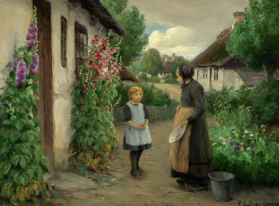 Ein Sommertag im Dorf mit einem kleinen Mädchen und einer älteren Frau. - H. A. Brendekilde