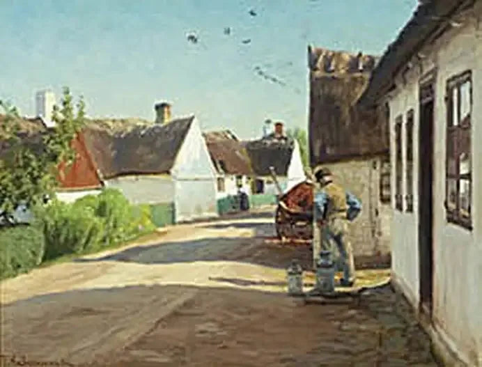 Ein Sommertag in einem Dorf mit einem Mann, der neben einigen Milchkannen steht. - H. A. Brendekilde