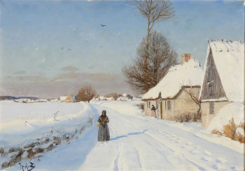 Ein Wintertag in einem Dorf, das Menschen in der Nähe von strohgedeckten Häusern zeigt. - H. A. Brendekilde