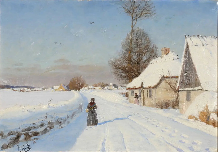 Ein Wintertag in einem Dorf, das Menschen in der Nähe von strohgedeckten Häusern zeigt. - H. A. Brendekilde
