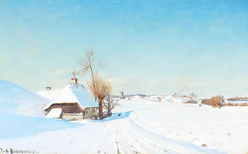 Ein sonniger Wintertag mit Häusern, einer Mühle und Figuren. - H. A. Brendekilde