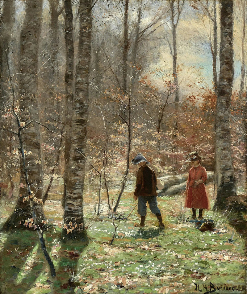 Ein Frühlingstag im Wald mit einem Jungen und einem Mädchen, die Anemonen pflücken. - H. A. Brendekilde