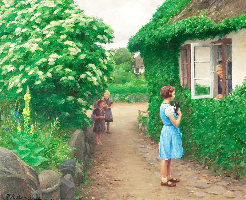 Ein Sommertag mit Kindern mit einer Kätzchen und einer alten Frau am Fenster. - H. A. Brendekilde