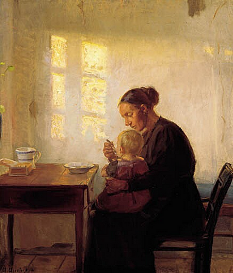 Eine Mutter mit ihrem Kind in einem sonnendurchfluteten Zimmer. – Anna Ancher