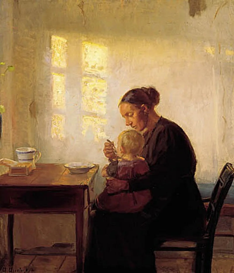 Eine Mutter mit ihrem Kind in einem sonnendurchfluteten Zimmer. – Anna Ancher