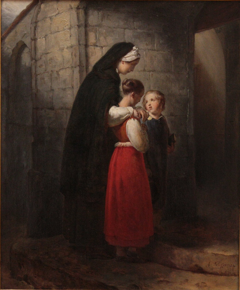 Eine genesende Mutter auf dem Weg zur Kirche, gestützt auf ihre beiden Kinder - Ary Scheffer
