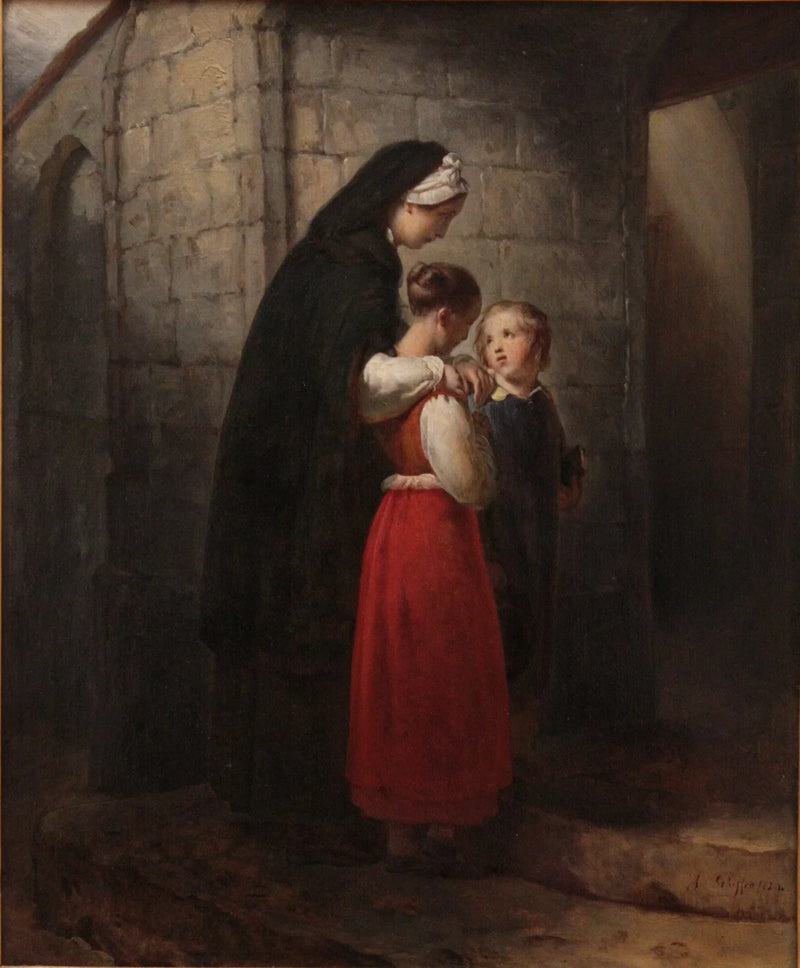 Eine genesende Mutter auf dem Weg zur Kirche, gestützt auf ihre beiden Kinder - Ary Scheffer