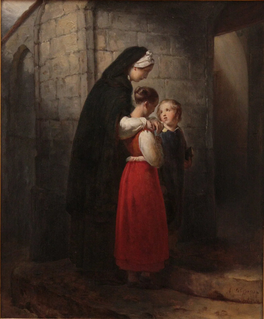Eine genesende Mutter auf dem Weg zur Kirche, gestützt auf ihre beiden Kinder - Ary Scheffer