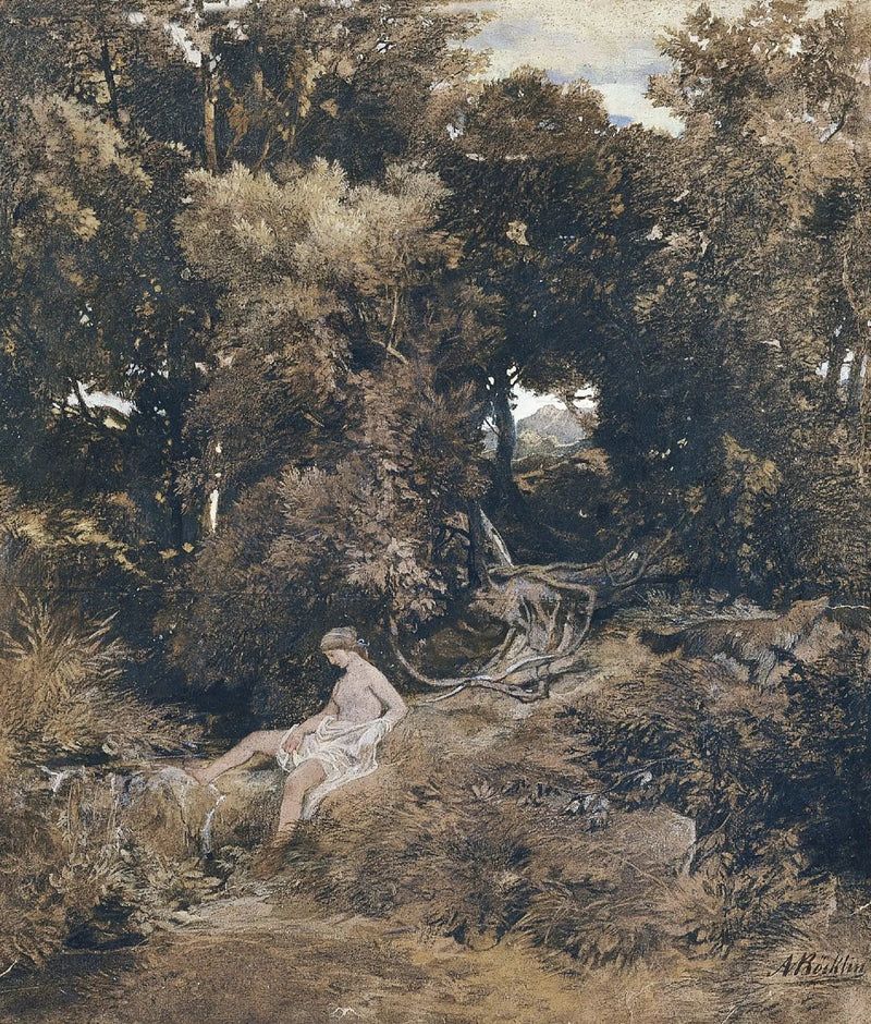 Eine Nymphe an der Quelle (Pan, Auf der Jagd nach einer Nymphe) - Arnold Böcklin
