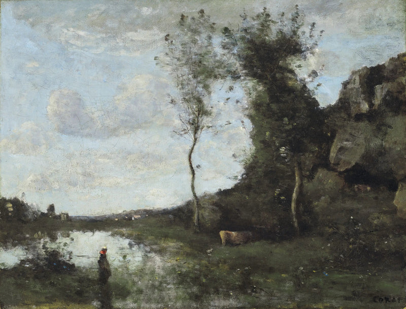 Eine Bäuerin und ihre Kuh am Teich mit Blick auf ein Dorf - Jean-Baptiste Camille Corot