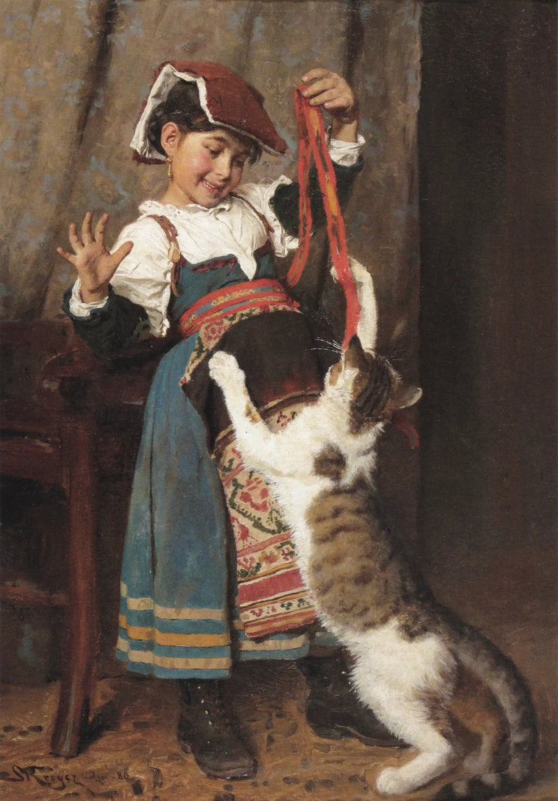 Ein kleines Mädchen im Bauernkleid, das mit einer Katze spielt. - Peder Severin Krøyer