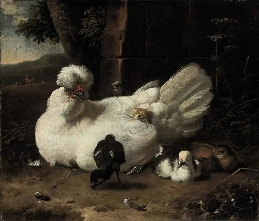 Eine Henne mit Küken in einer Landschaft - Melchior de Hondecoeter
