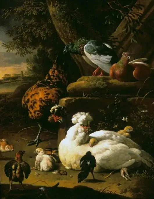 Eine Henne mit Küken, ein Hahn und Tauben in einer Landschaft - Melchior de Hondecoeter
