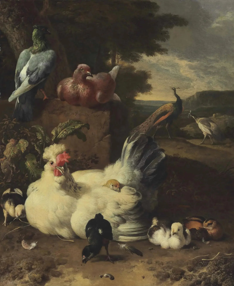 Eine Henne, Küken, Tauben und Pfauen neben einer Steinmauer in einer Landschaft - Melchior de Hondecoeter