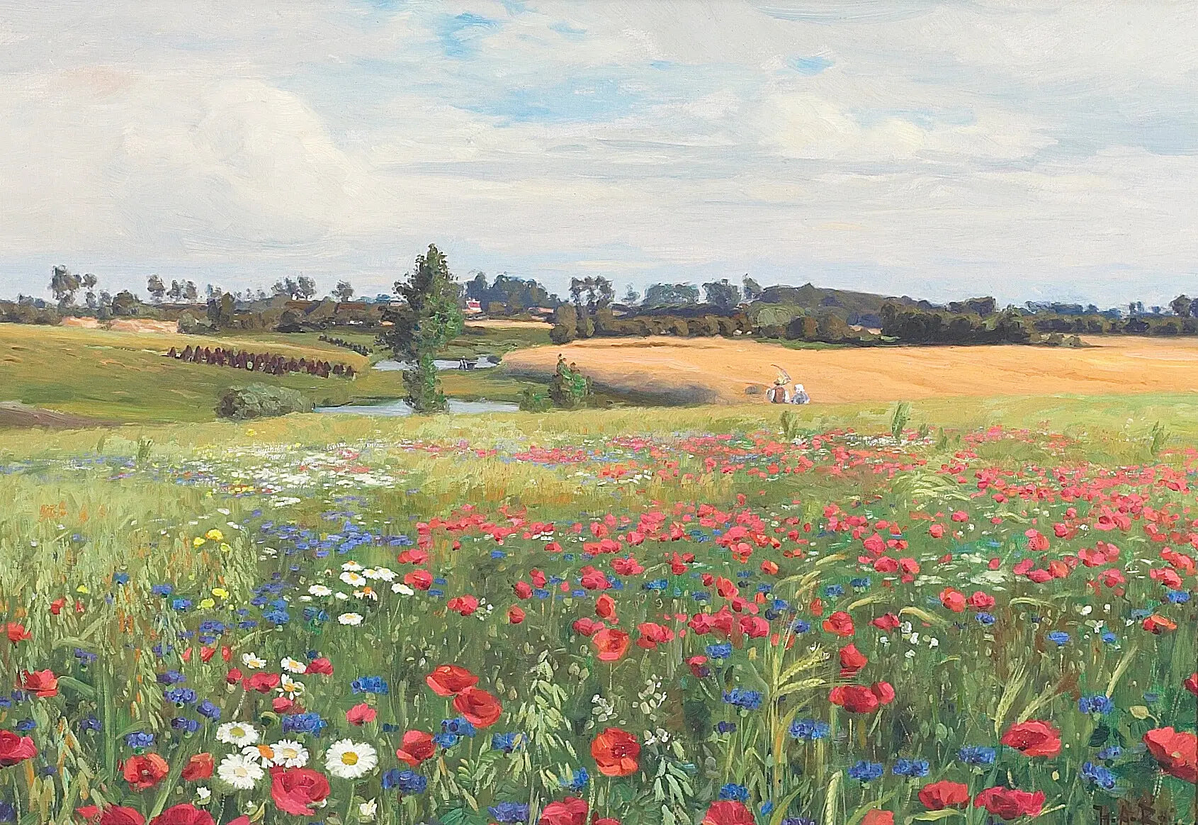 Une prairie en fleurs avec des coquelicots des leucanthèmes et des bleuets. - H. A. Brendekilde - Alpha Reproduction