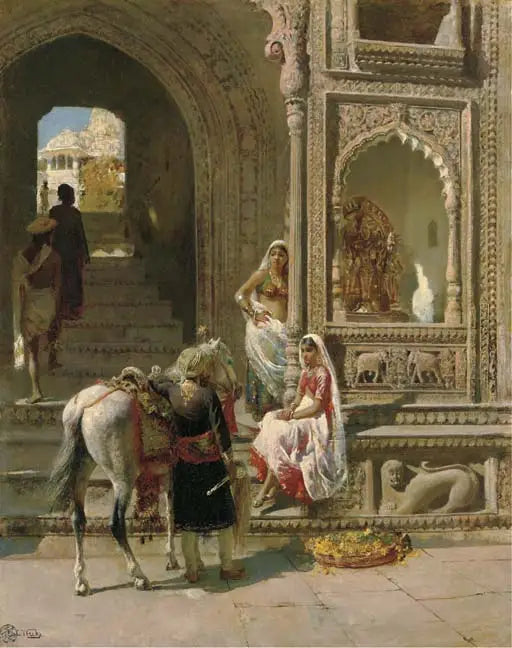 Eine Versammlung am Eingang eines Tempels in Mathura - Edwin Lord Weeks