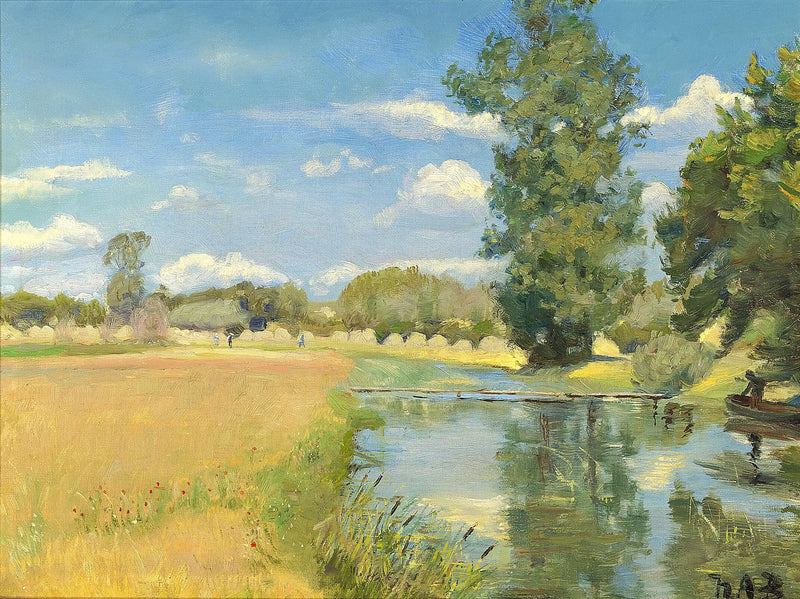 Ein Fluss, der eine Landschaft während der Ernte durchquert. - H. A. Brendekilde