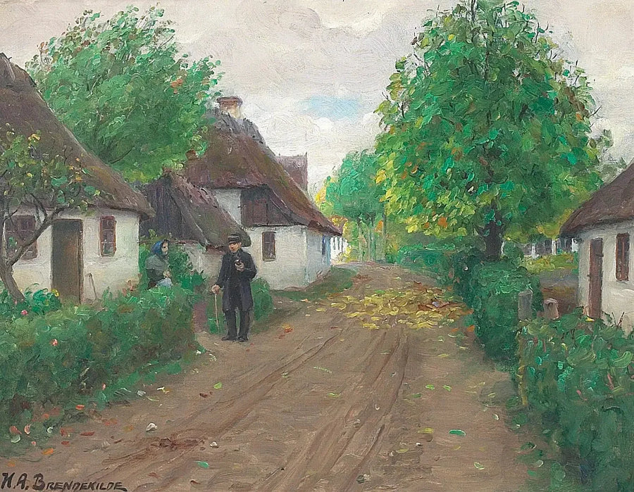 Eine Dorfsstraße mit zwei Personen, die sich unterhalten. - H. A. Brendekilde