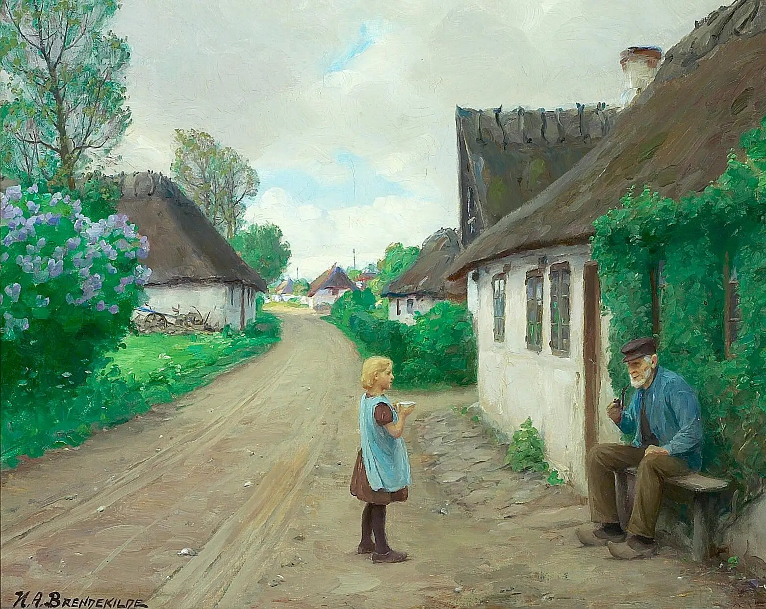 Une route de village avec une jeune fille parlant au vieux Jens Wilhelm de Jyllinge âgé de 93 ans. - H. A. Brendekilde