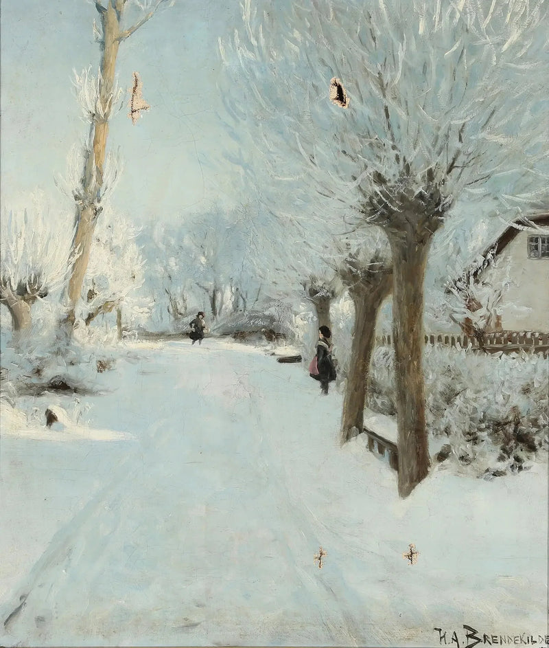 Eine sonnige und verschneite Straße mit zwei Kindern. - H. A. Brendekilde