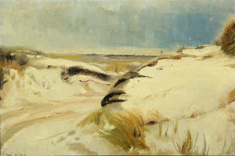 Eine Straße schlängelt sich durch die Dünen, und in der Ferne ist ein Leuchtturm zu sehen. – Michael Peter Ancher