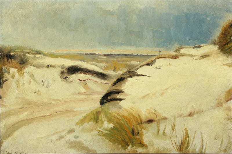 Eine Straße schlängelt sich durch die Dünen, und in der Ferne ist ein Leuchtturm zu sehen. – Michael Peter Ancher
