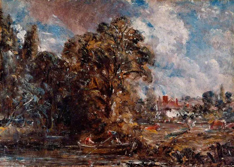 Eine Flussszene mit einem Bauernhof am Wasserufer - John Constable