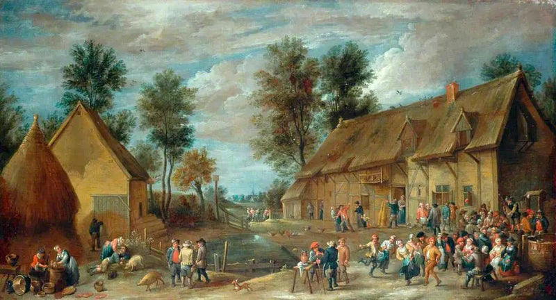 Eine Dorfszene mit Bauern, die vor einer Gaststätte Spaß haben - David Teniers der Jüngere
