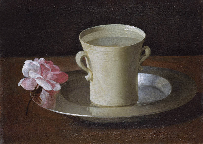 Eine Tasse Wasser und eine Rose auf einem Silbertablett - Francisco de Zurbarán