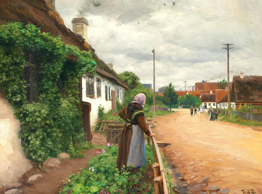 Ein alte Frau beobachtet die Kinder des Dorfes, während sie spielen. - H. A. Brendekilde