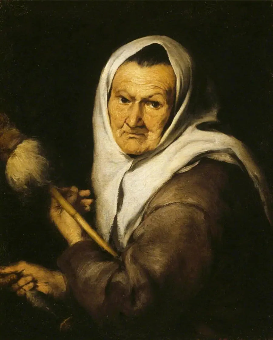 Eine alte Frau, die eine Spindel und ein Spinnrocken hält - Bartolomé Esteban Murillo