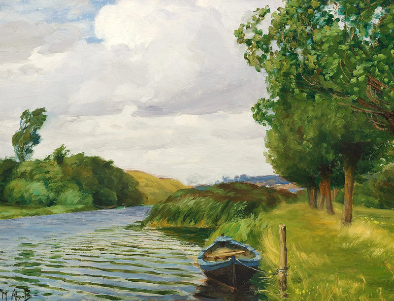 Eine Ansicht des Flusses in Odense, mit einem Boot. - H. A. Brendekilde